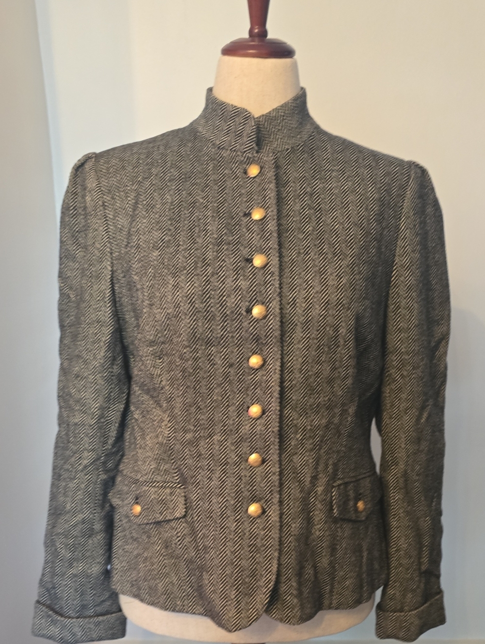 Chaps Gray Herringbone Military-Style Blazer with Gold Buttons